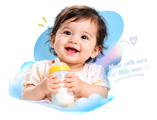 A smiling baby on a soft cloud with the words “Made with care. For little ones.”