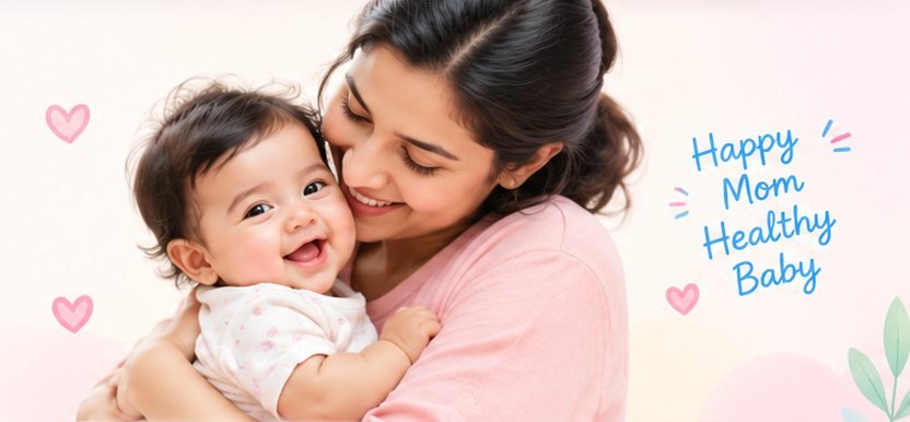 A smiling mother cuddling her laughing baby, with the words “Happy Mom, Healthy Baby”
