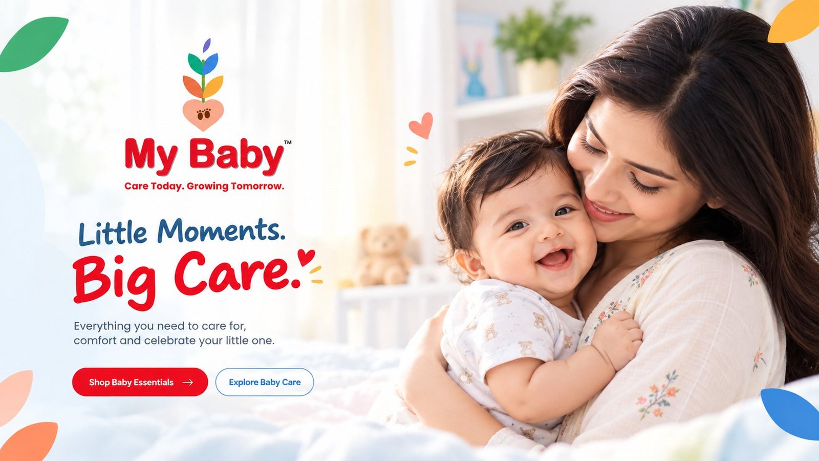 MY BABY banner: a mother cuddling her smiling baby